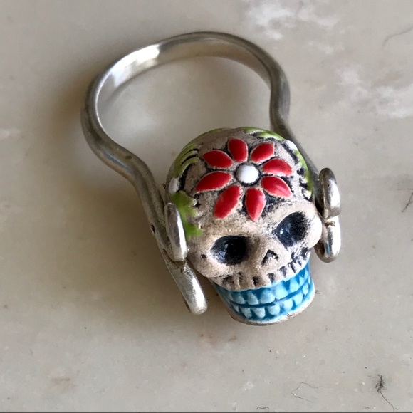 Handmade Sterling Silver Flower Sugar Skull Ring - Picture 2 of 5